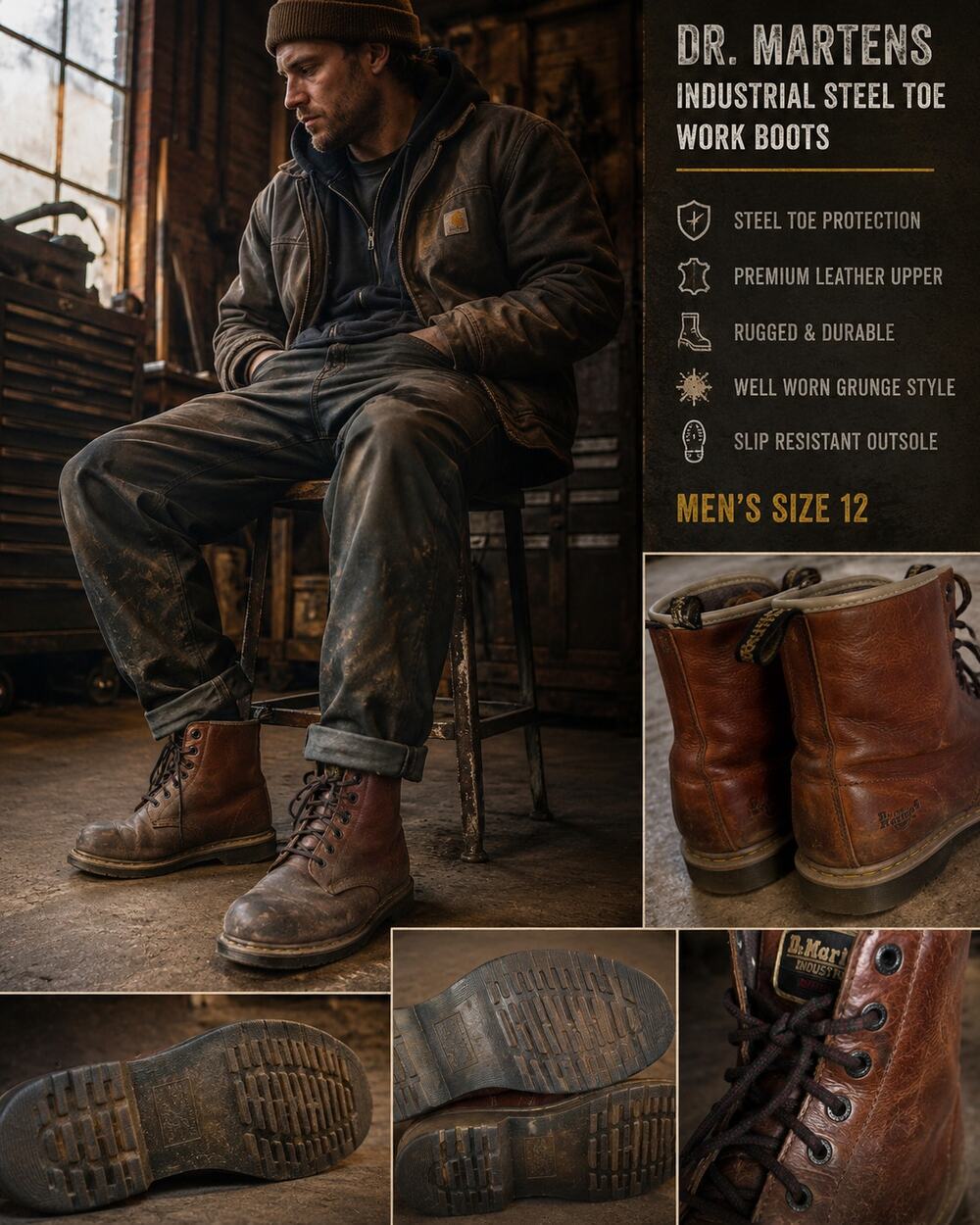 Dr. Martens Industrial Steel Toe Rugged Work Boots Mens 12 Well Worn Grunge